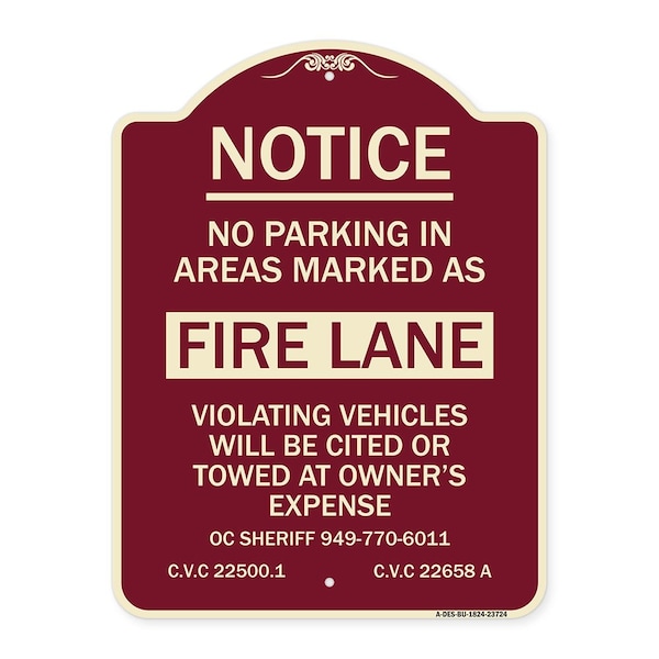 Signmission No Parking in Areas Marked as Fire Lane CVC Section 22500.1 & 22658 Alum, 24" x 18", BU-1824-23724 A-DES-BU-1824-23724 - main